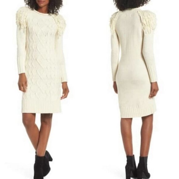 NEW Eliza J Cream Ivory Cable Knit Fringe Sweater Dress - Medium / M - Picture 1 of 8